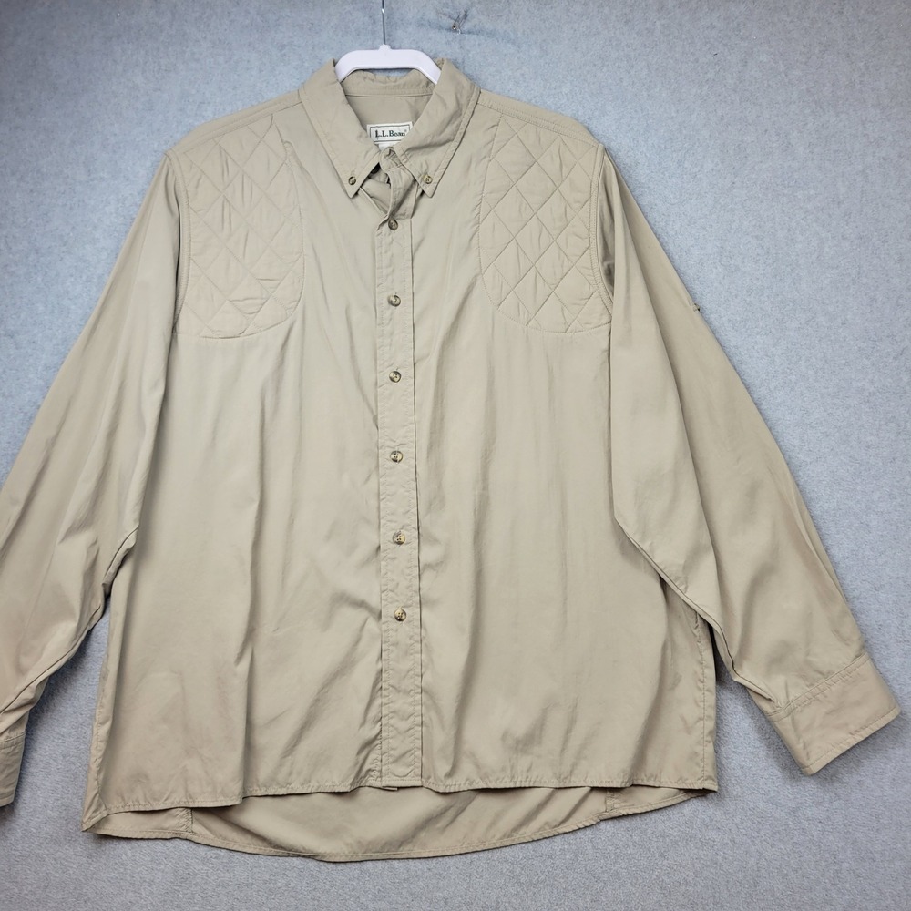 LL Bean Mens Button Down Shirt Size Large Khaki Quilted Shooting Roll Up Sleeve